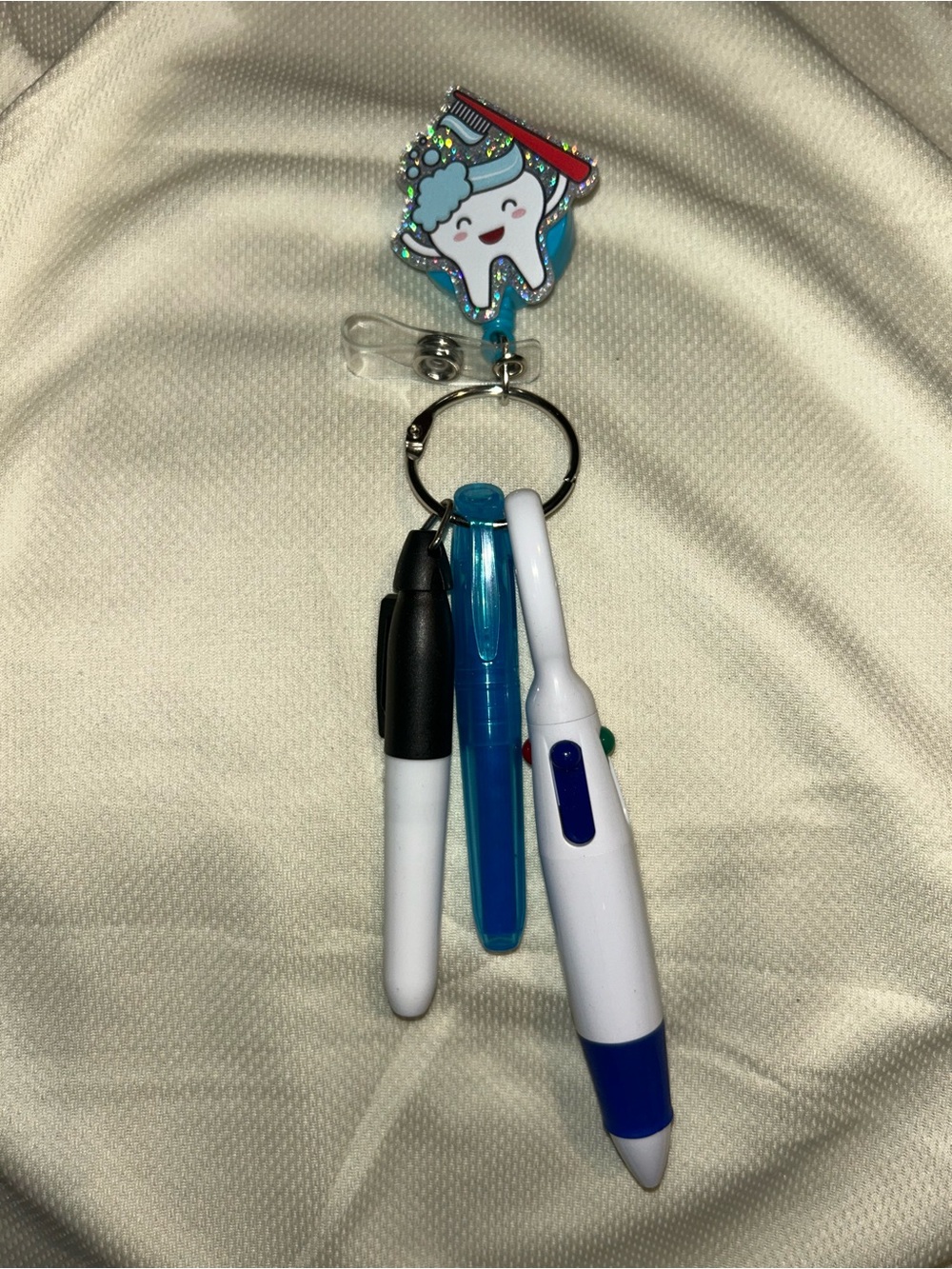 Dental-Themed Blue & White Pen Keychain badge reel  Three Multi-Color Pens